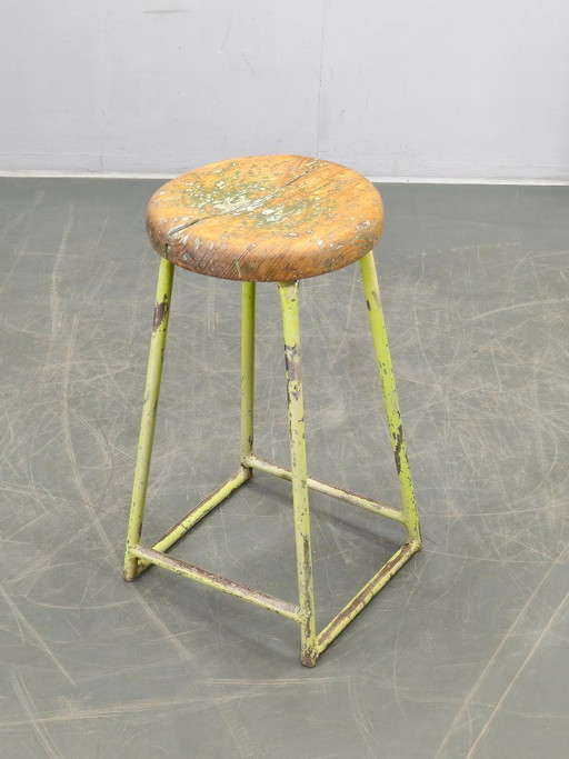 1940s Czech Industrial Stool with Pine Seat and Green Patina