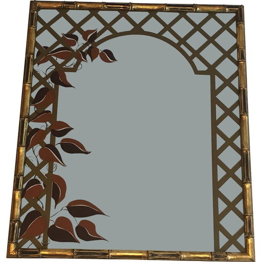 Miroir décoratif vintage en bois doré et motif floral imprimé, 1970