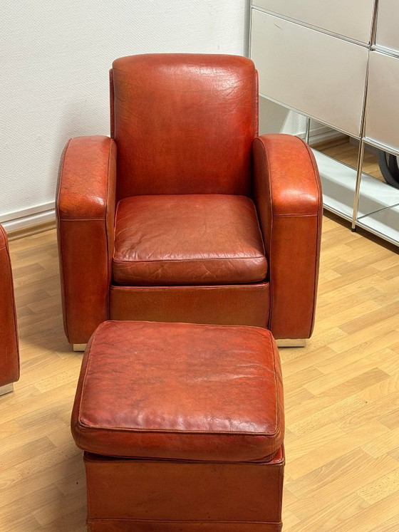 Image 1 of Brocantique Jacques Adnet Art Deco Set: Leren bank, fauteuil en poef