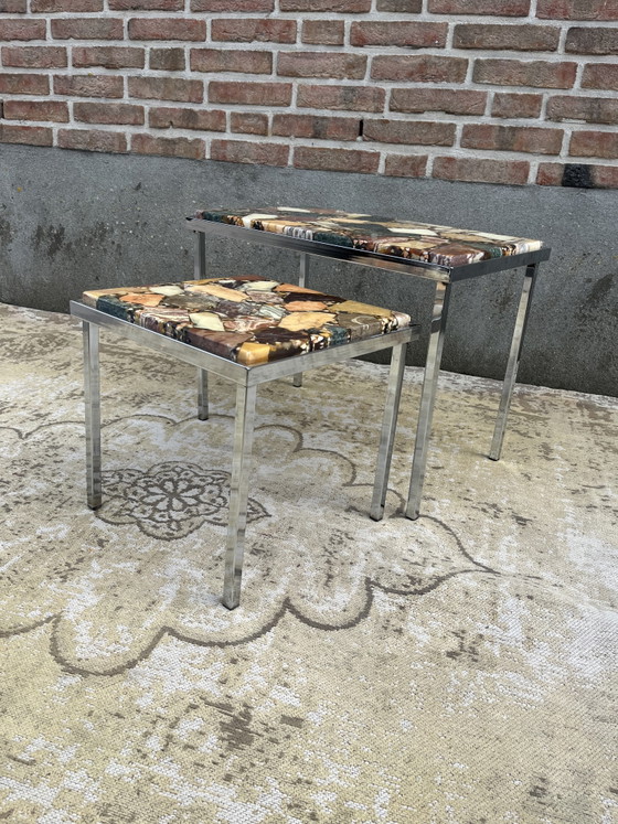 Tavolini laterali vintage cromati con piano in onice e marmo – Iron, Marble (photo 6 of 11)