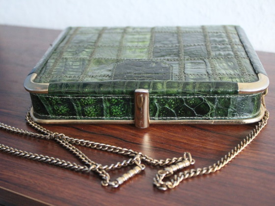 Image 1 of Vintage crocodile leather handbag, green crocodile leather with brass frame and clasp