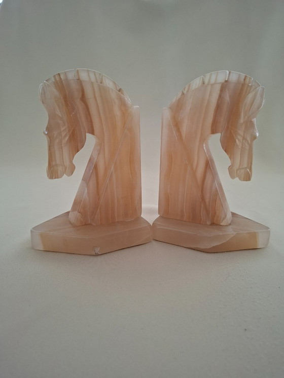 Image 1 of Set antiker Onyx-Buchstützen – Pferdeköpfe