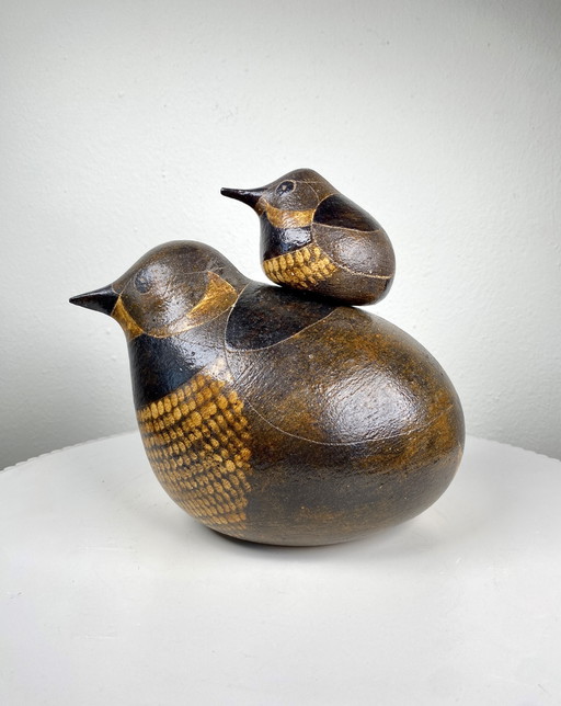 Two Vintage Ceramic Bird Sculptures / Mother & Baby Bird Figurines by Irene Maas - Rustic Scandinavian Style Pottery Home Decor