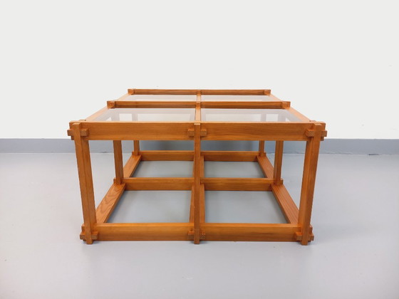 Image 1 of Vintage square coffee table in pine and smoked glass from the 70s/80s