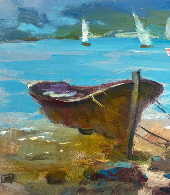 Image 1 of Peinture à l'huile originale Paysage côtier d'été Vagues de la mer et cris de mouettes