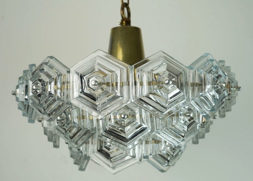 3-tier mid century PENDANT LIGHT with 27 hexagonal glass panels 1960s 70s chandelier