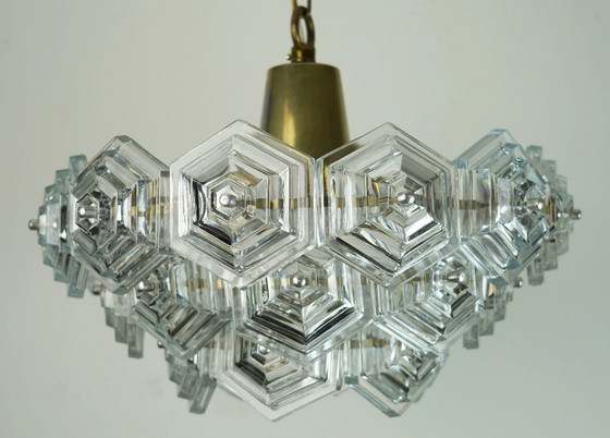 Image 1 of 3-tier mid century PENDANT LIGHT with 27 hexagonal glass panels 1960s 70s chandelier