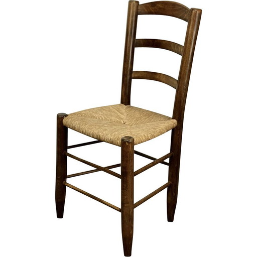 Vintage Bauche N°19 stoel in massief hout en stro van Charlotte Perriand