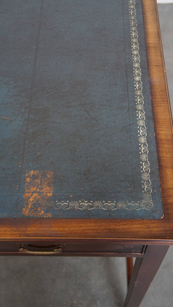 Image 1 of Writing table and a blue cowhide leather chesterfield office chair
