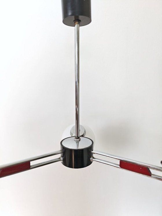 Image 1 of Vintage Chandelier With Opal Glass Globes / Mid Century Modern 3-Arm Pendant Light / Chrome Retro Ceiling Lamp 1960s
