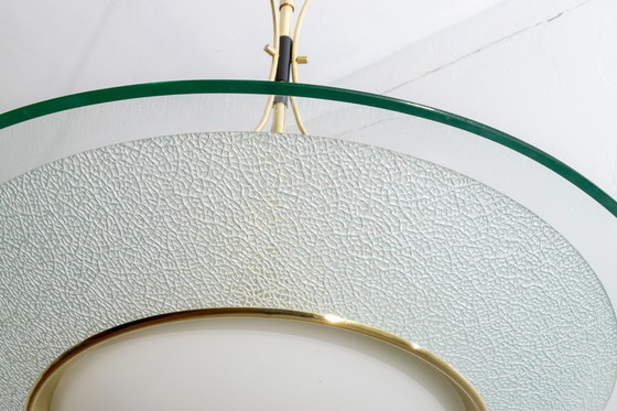 Image 1 of Lampadario in vetro e ottone della metà del secolo scorso, in stile Fontana Arte del 1940.