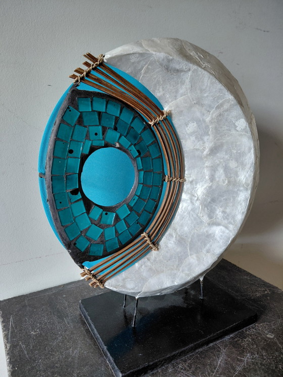 Vintage Table Lamp Of Blue Mosaic Glass, Wood And Mother-of-Pearl – Textile (photo 3 of 5)