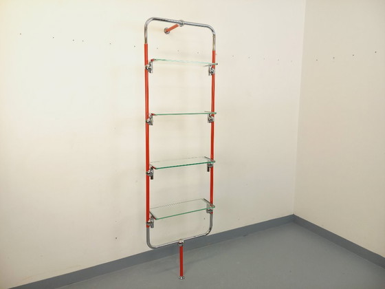 Image 1 of Modular Bauhaus-style vintage bookcase in red metal, chrome and glass from the 1970s