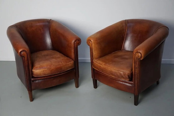 Image 1 of Vintage Nederlandse clubfauteuils van cognackleurig leer, set van 2