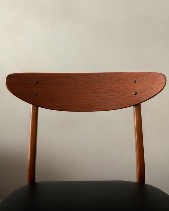 Image 1 of Vintage Danish Dining Chairs, Teak Backrest and Beech Frame, Newly Upholstered Black Skai Seats, 1960s