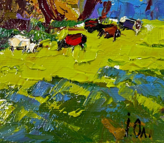 Image 1 of Original Oil Painting Summer Nature Landscape Cows on the meadow