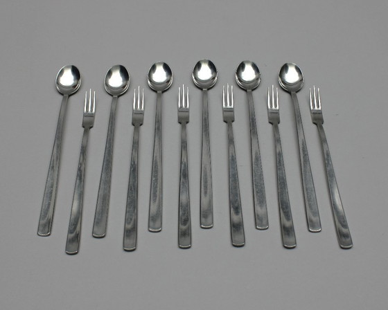 Image 1 of Folke Arström (1907-1997) - Gense Sweden - model Facette - 18-8 stainless steel - set van 6 lepels en 6 vorken (12x) 