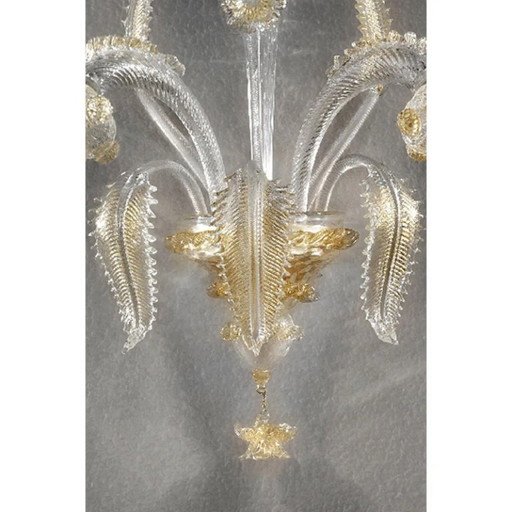 Luxury Italian Clear and Gold-Leaf Wall Sconce R with Flowers and Leaves Murano Glass
