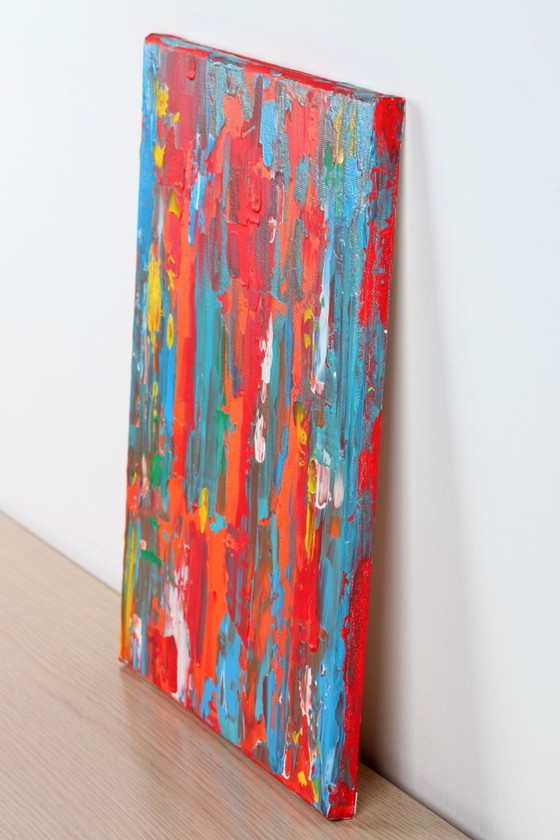 Image 1 of Abstract Red, Orange and Blue original painting on stretched canvas