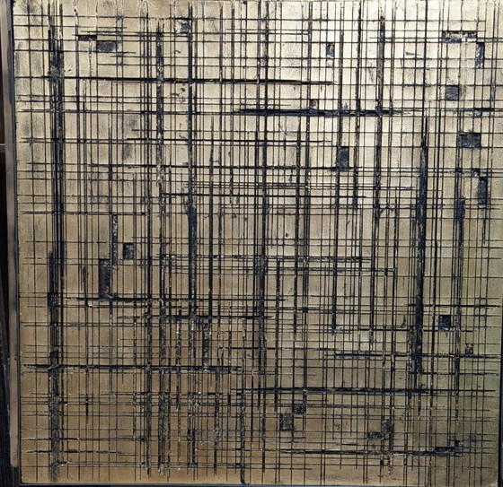 Image 1 of The Gold Factory – Monumental Wall Object with Line Play (121 × 121 × 4 cm)