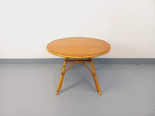 Vintage 1960s round coffee table in rattan and wood