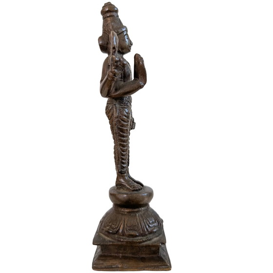 Antique Bronze Vishnu Statue – South India – ca. 1920 – 17 cm – 520 g – Sculpture (photo 3 of 10)