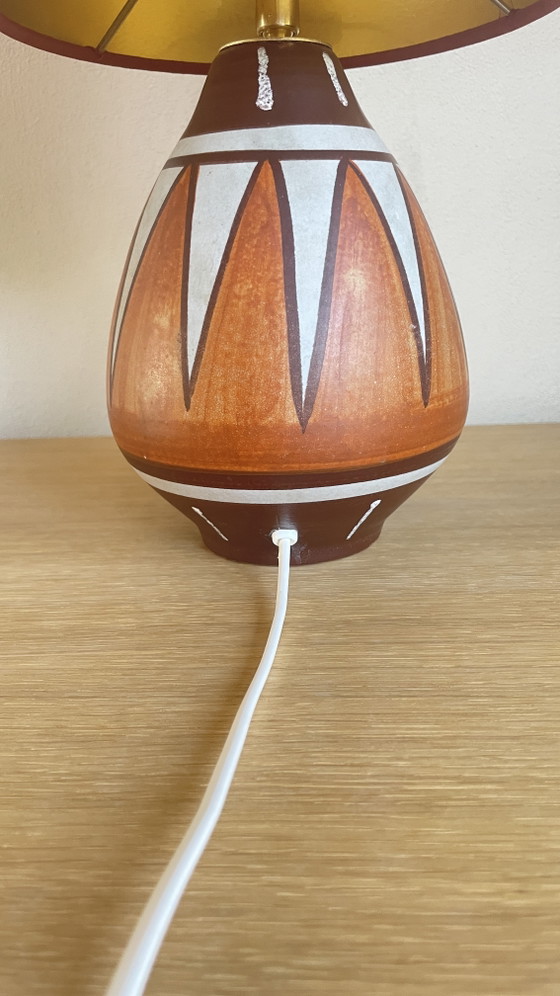Image 1 of Vintage Handmade Table Lamp (38cm) – Geometric West Germany Base with Rust Brown Silk Shade