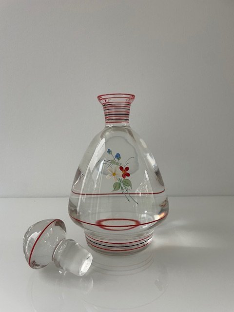 Vintage Painted Carafe With 4 Liqueur Glasses, Czechoslovakia 1930s