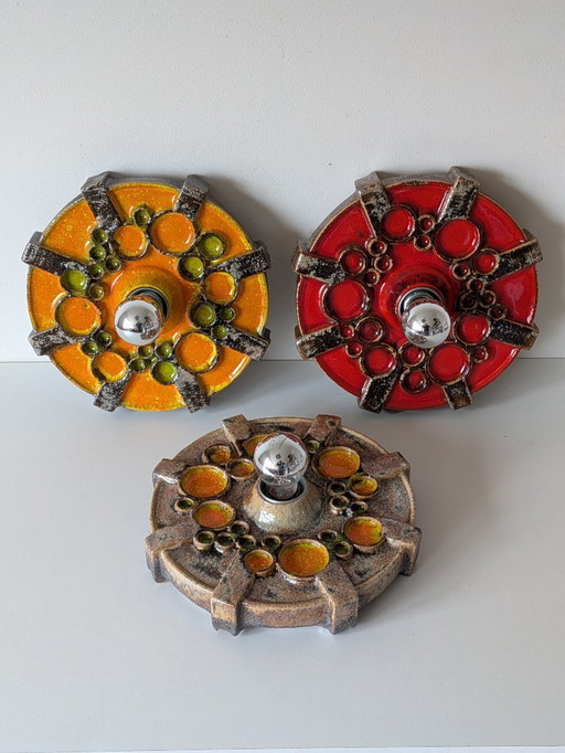 Rare Trio of 1970s Fat Lava Ceramic Wall Sconces - Hustadt Leuchten Style - Space Age Pop Art Sconces - Red, Orange & Earth