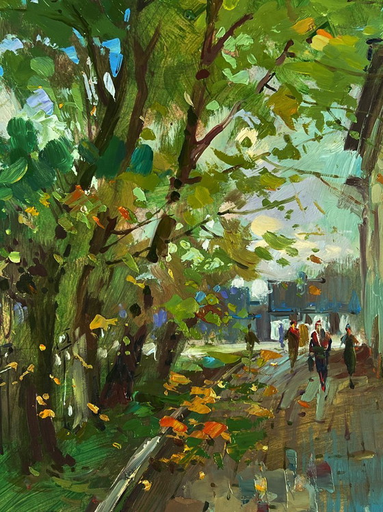 Image 1 of Peinture à l'huile originale représentant une rue de ville en journée