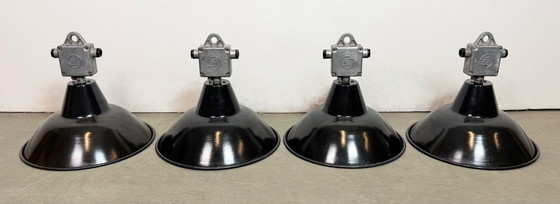 Image 1 of Set of 4 Industrial Black Enamel Pendant Lamps from Elektrosvit, 1960s