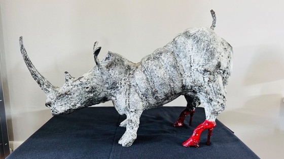 Image 1 of Bronze Rhinoceros statue with matching watercolor painting in cast iron frame