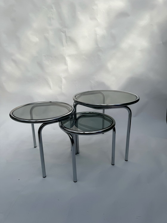 Image 1 of Vintage Space Age Nesting Tables in Chrome and Smoked Glass, 1970s/1980s
