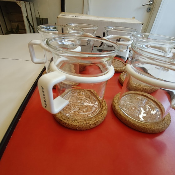 Image 1 of Vintage Bodum glazen mokkenset van 6 – Scandinavisch design – Kurken onderzetters – Gemaakt in de EEG