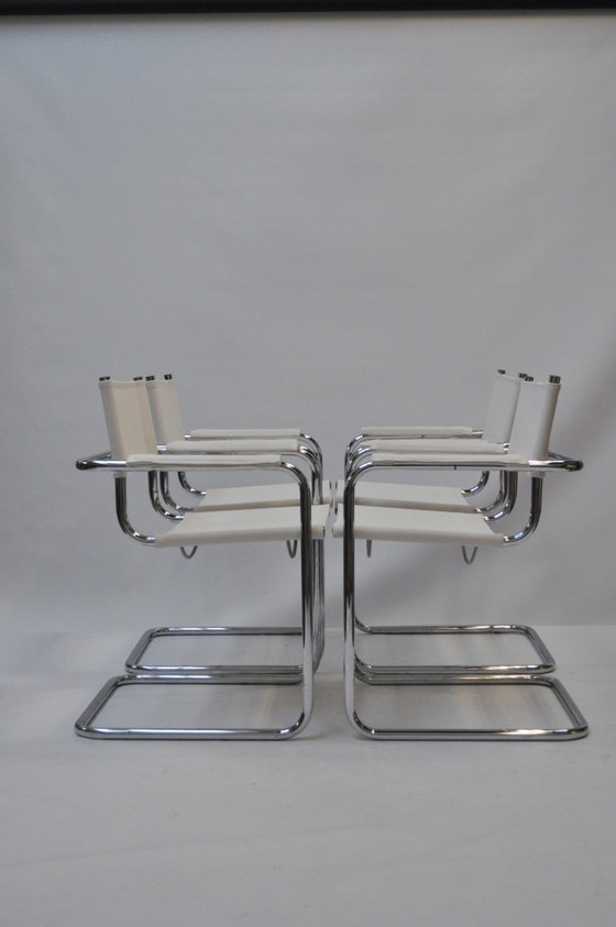 Image 1 of Set van 4 sledeframe stoelen – chroom & linnen (Chioccarello Lino) – herbekleed