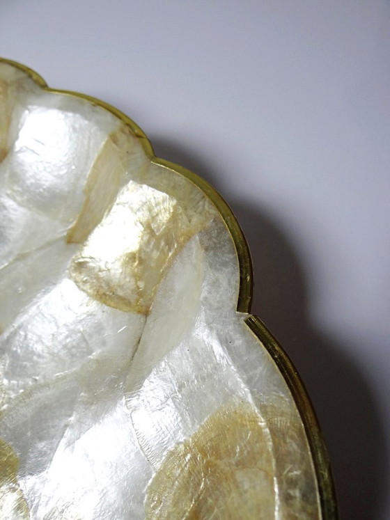 Image 1 of Large vintage mother-of-pearl and brass shell-shaped tray or catchall