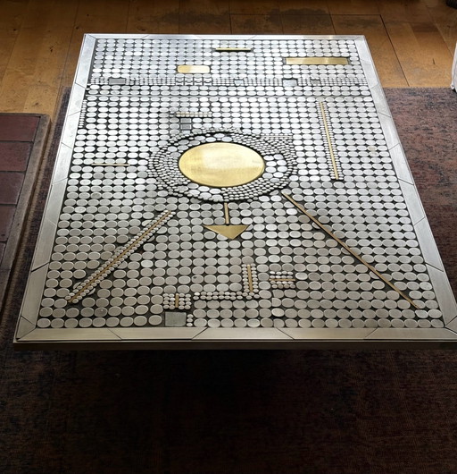 Raf Verjans brutalist salontafel, aluminium & messing mozaïek, jaren 70
