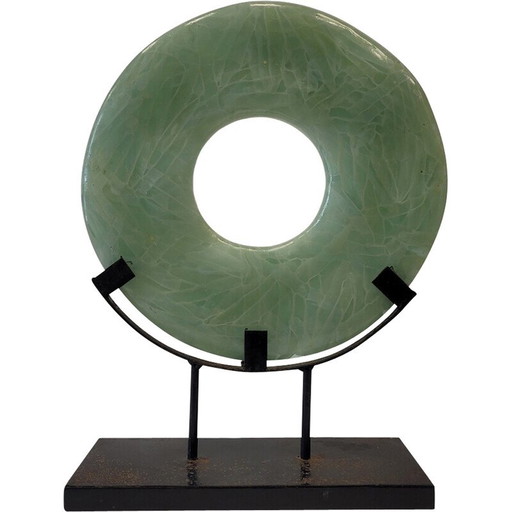 Vintage double disc sculpture in celadon-colored mineral, China