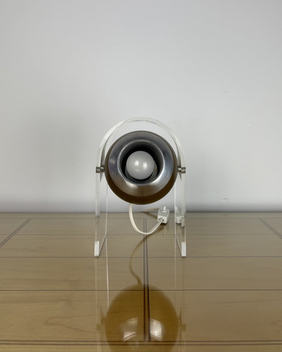Image 1 of Plexiglass Eyeball Lamp, Sputnik design, 70s, Space Age, Table lmap, 1970s, Olive Gold Vintage Lamp with Plexiglass Stand, Spot