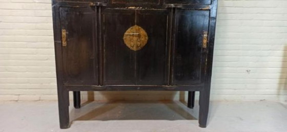 Image 1 of Vintage black lacquered and brass cabinet 