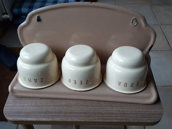 Image 1 of Antique enamel sand, soap, and soda rack