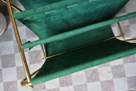Image 1 of Brass Lectern on wheels, green suede upholstery