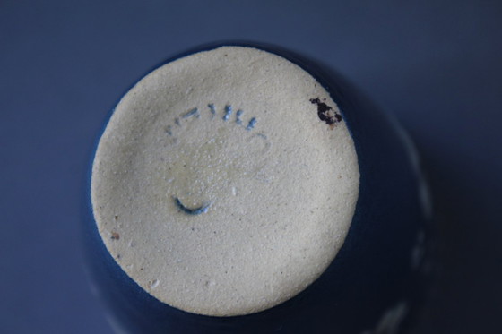 Image 1 of Vintage stoneware drinking cups, blue with white flowers, 6 pieces