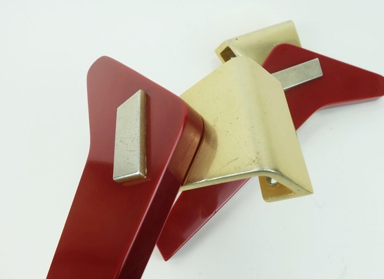 Image 1 of a pair of very rare mid-century door handles push handles red bakelite and aluminum 1950s streamline bungalow