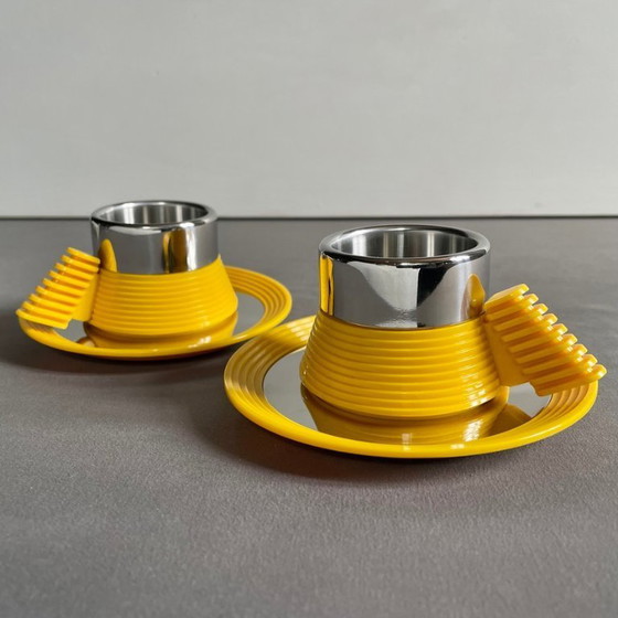 Image 1 of Service à café expresso Carlo Giannini des années 1970, modèle "Star Trek Enterprise". Acier inoxydable et polyamide jaune. Rare
