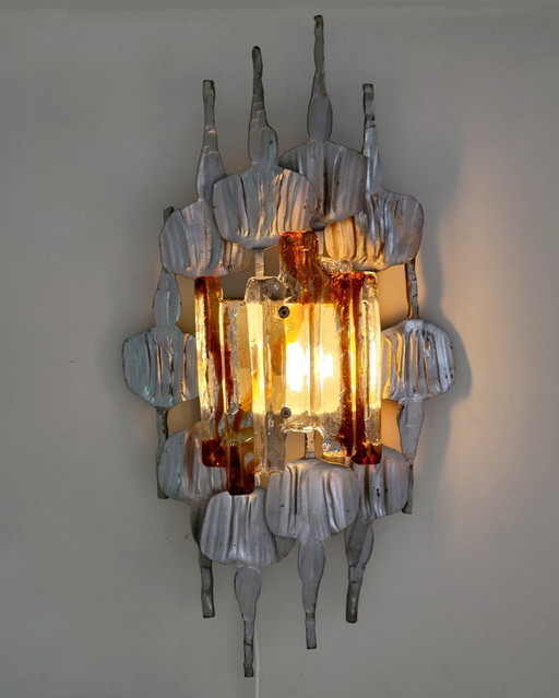 Brutalist wall lamp with amber-colored hand-formed glass