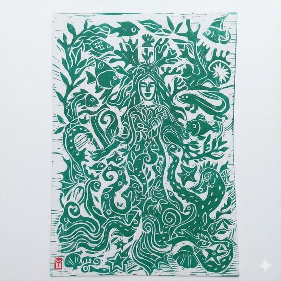 Image 1 of Estampe linogravure représentant une déesse de la nature, déesse bleue, style bohème, décoration murale A3