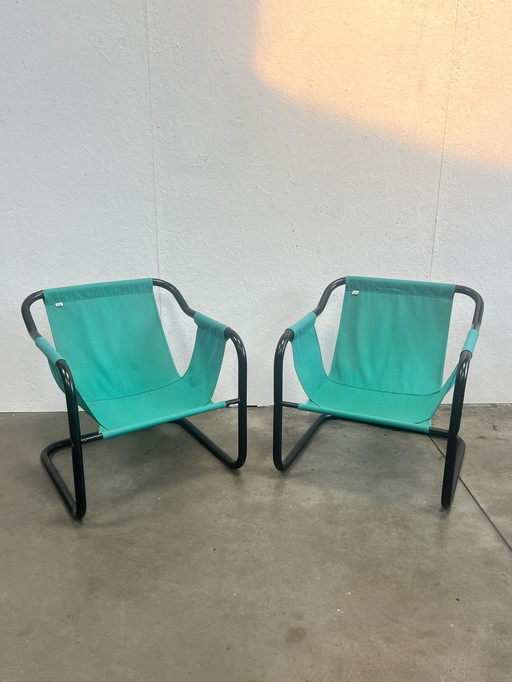 Two Vintage Danish Armchairs, Xcol, Black Steel With Green Fabric, 1980's