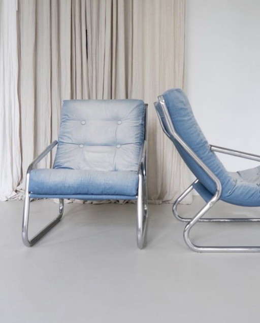 Chaises design vintage chromées retapissées de tissu denim