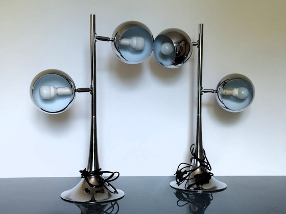 Image 1 of RARE - Pair of vintage design chrome Eye Ball lamps - Tulip base - Adjustable globes